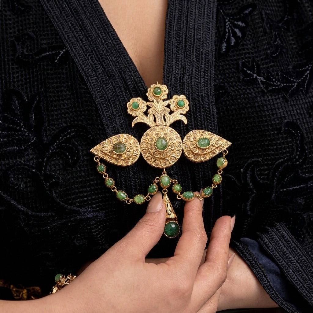 Broche beldi en or jaune 18k rosaces serties de pierres vertes, pampille goutte - bijou porté par une mannequin