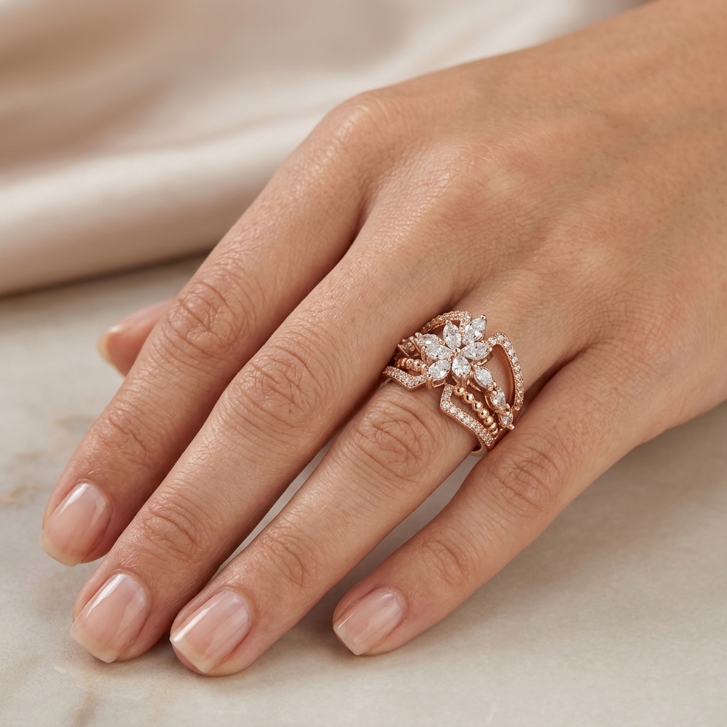 Bague Fleur Or Rose - Pierres Marquises Serties, Anneau Serti — présenté sur mannequin