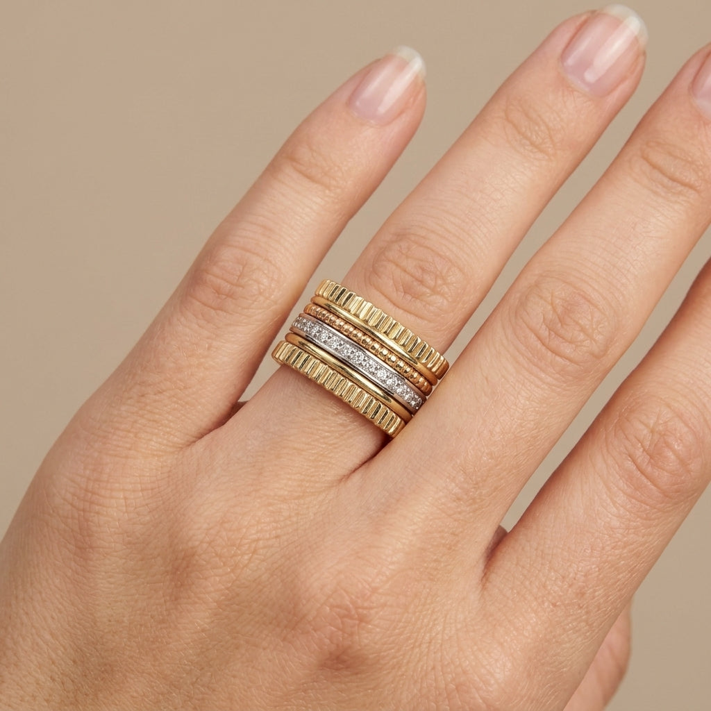 Bague large en or jaune 18k anneaux multiples, rangée sertie - bijou porté par une mannequin