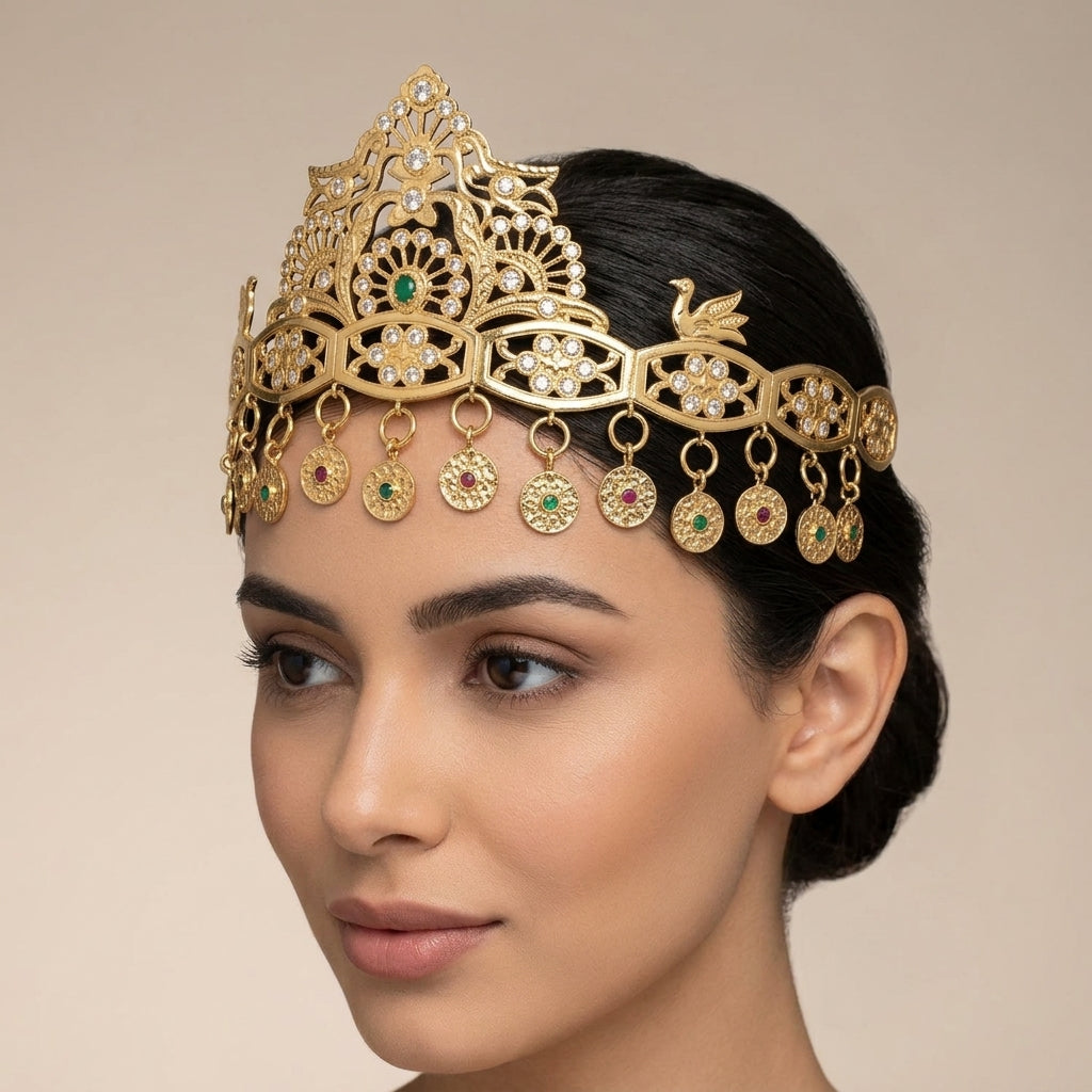 Couronne beldi ajourée en or jaune 18k sertie de pierres, pierre verte et pampilles - bijou porté par une mannequin