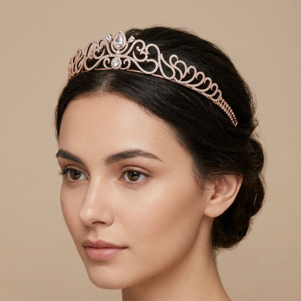 Couronne diadème en or rose 18k sertie de pierres - bijou porté par une mannequin