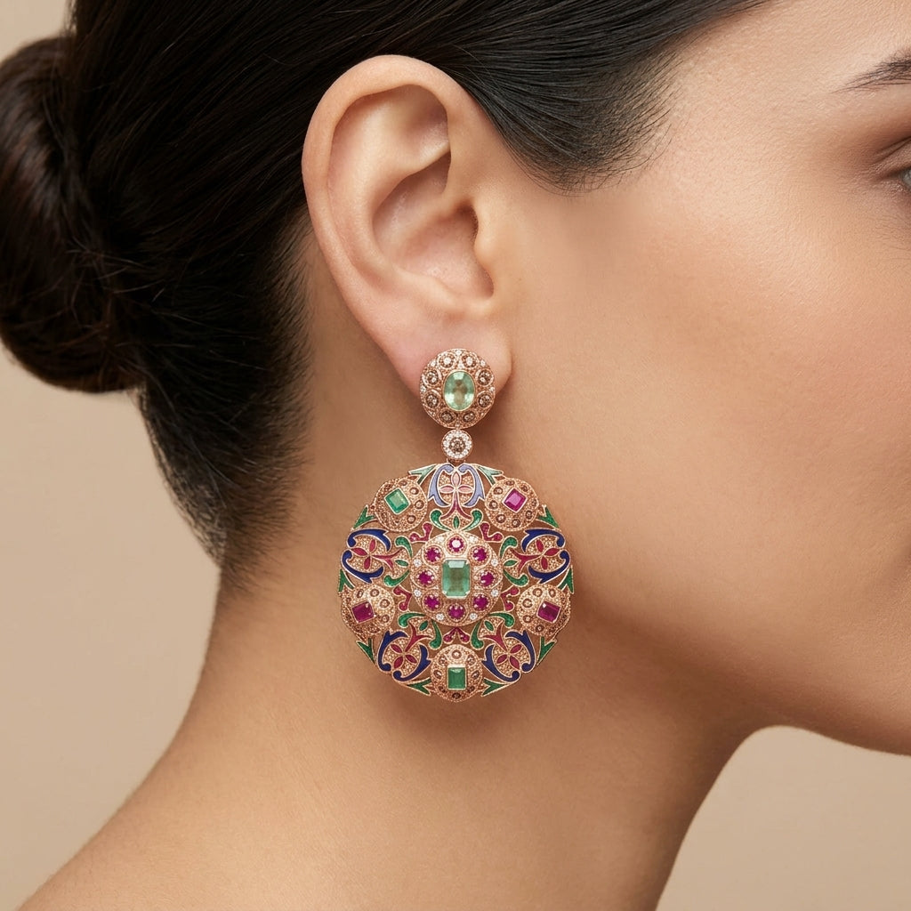 Boucles d'oreilles pendantes rosaces en or rose 18k serties de pierres multicolores - bijou porté par une mannequin