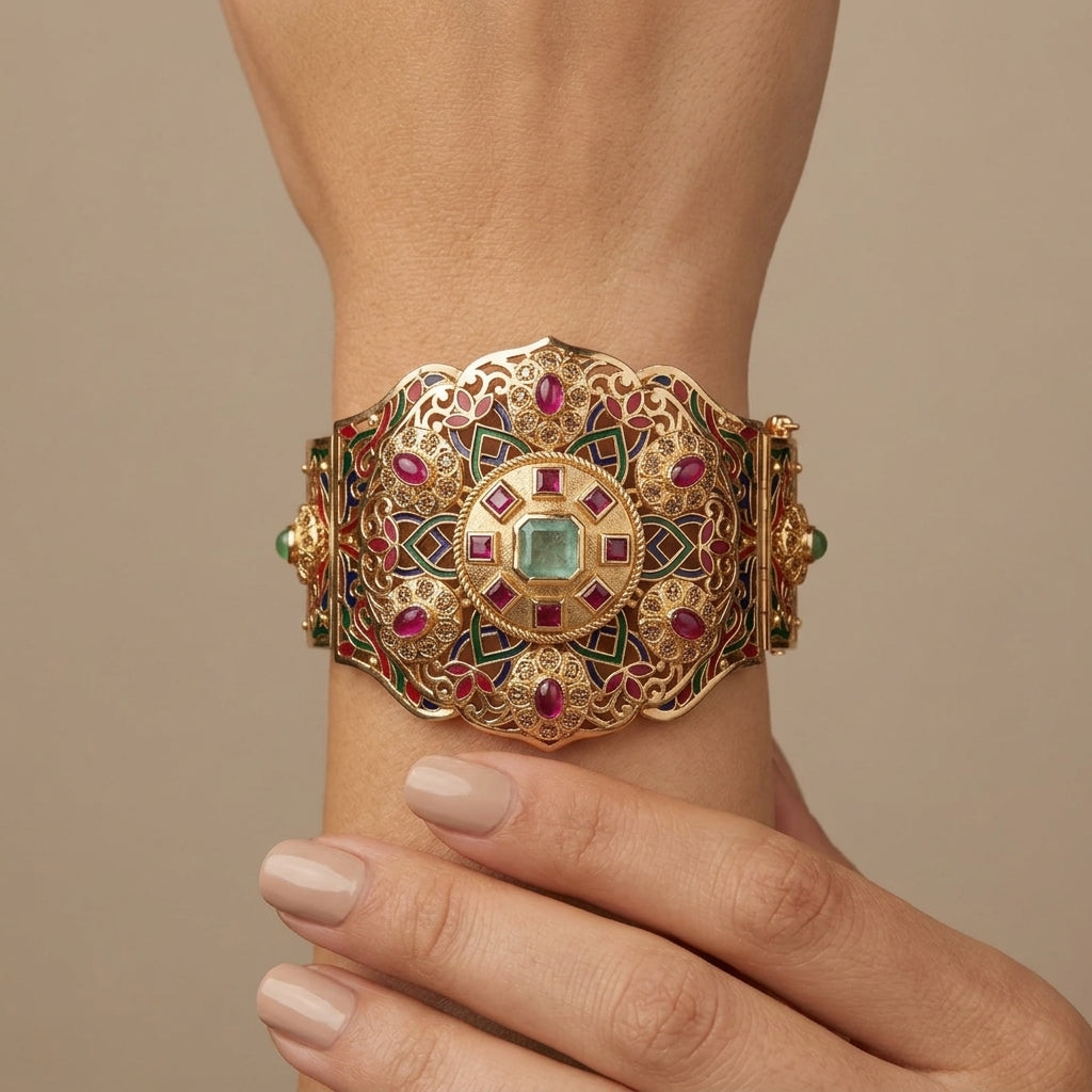 Bracelet manchette beldi en or rose 18k sertie de pierres multicolores, pierre verte - bijou porté par une mannequin