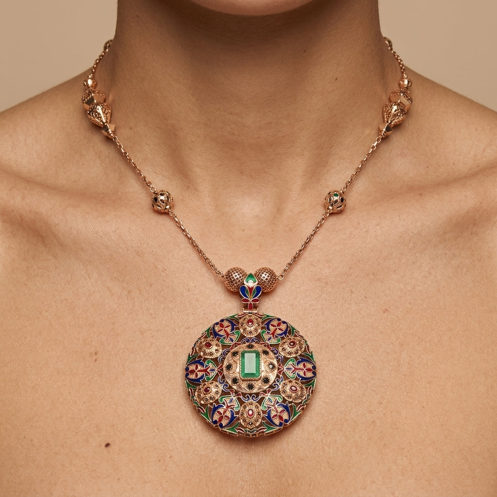 Sautoir en or rose 18k médaillon rosace serti de pierres multicolores, pierre verte - bijou porté par une mannequin