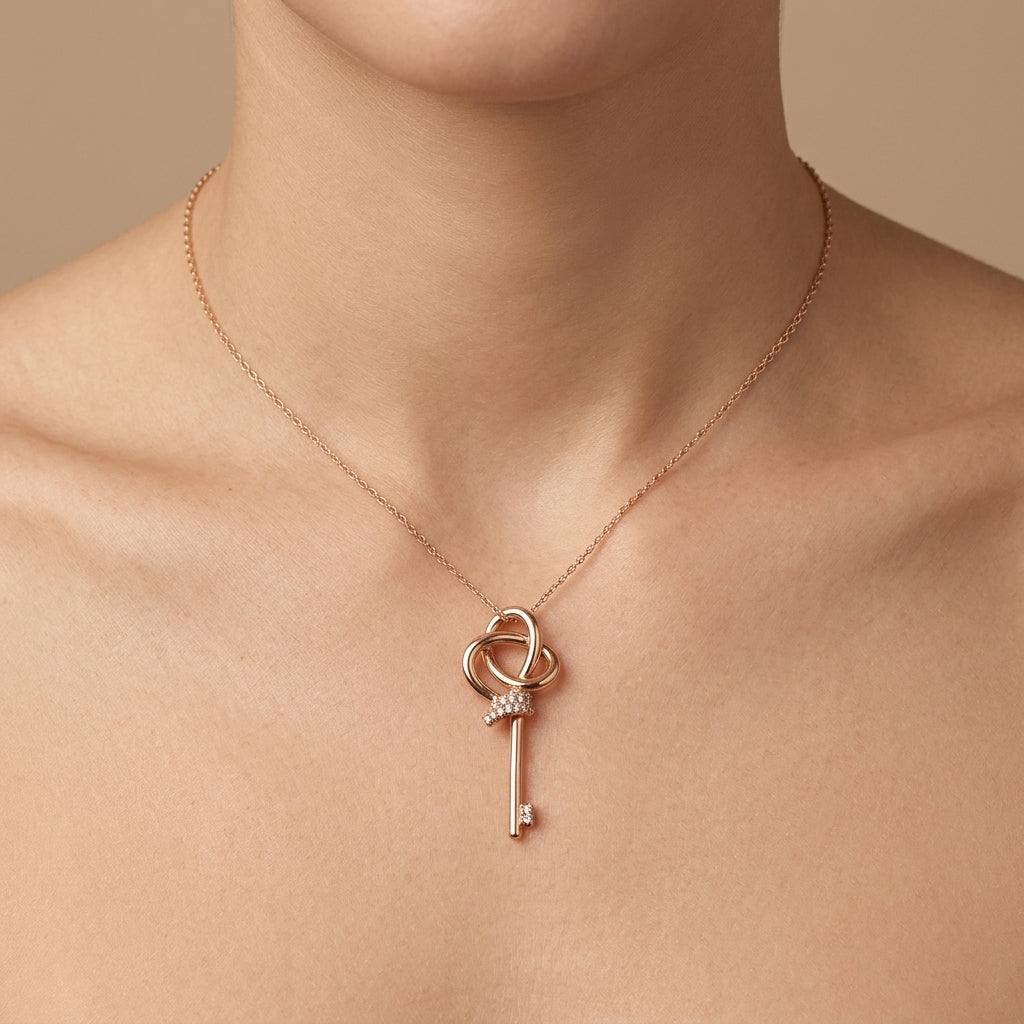Pendentif clé nœud en or rose 18k sertie de pierres - bijou porté par une mannequin