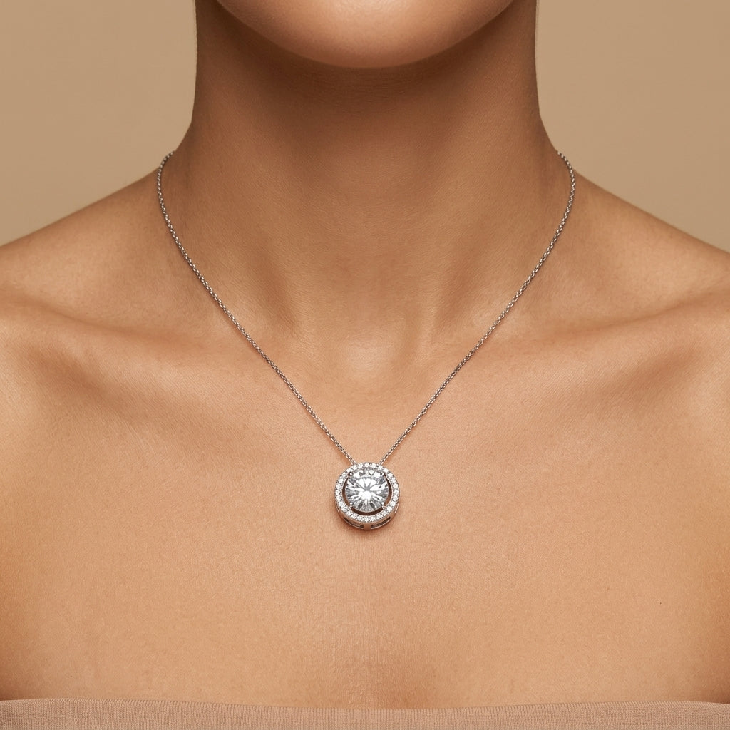 Collier en or blanc 18k pendentif rond halo serti - bijou porté par une mannequin