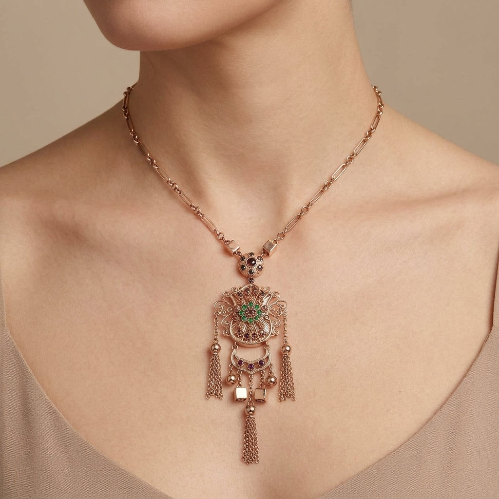 Sautoir boulhya en or rose 18k pendentif ajouré serti, pierre verte, pompons - bijou porté par une mannequin