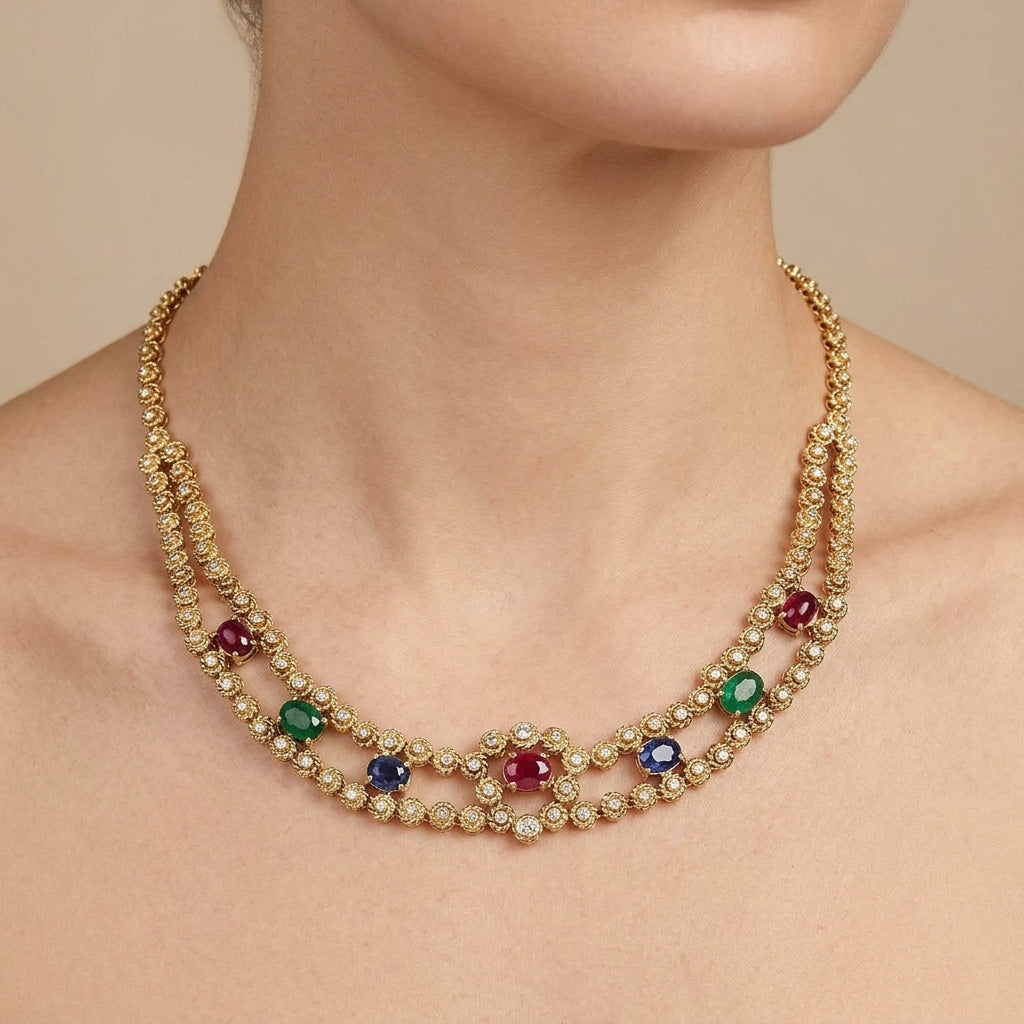 Collier boules en or jaune 18k serti de pierres multicolores - bijou porté par une mannequin