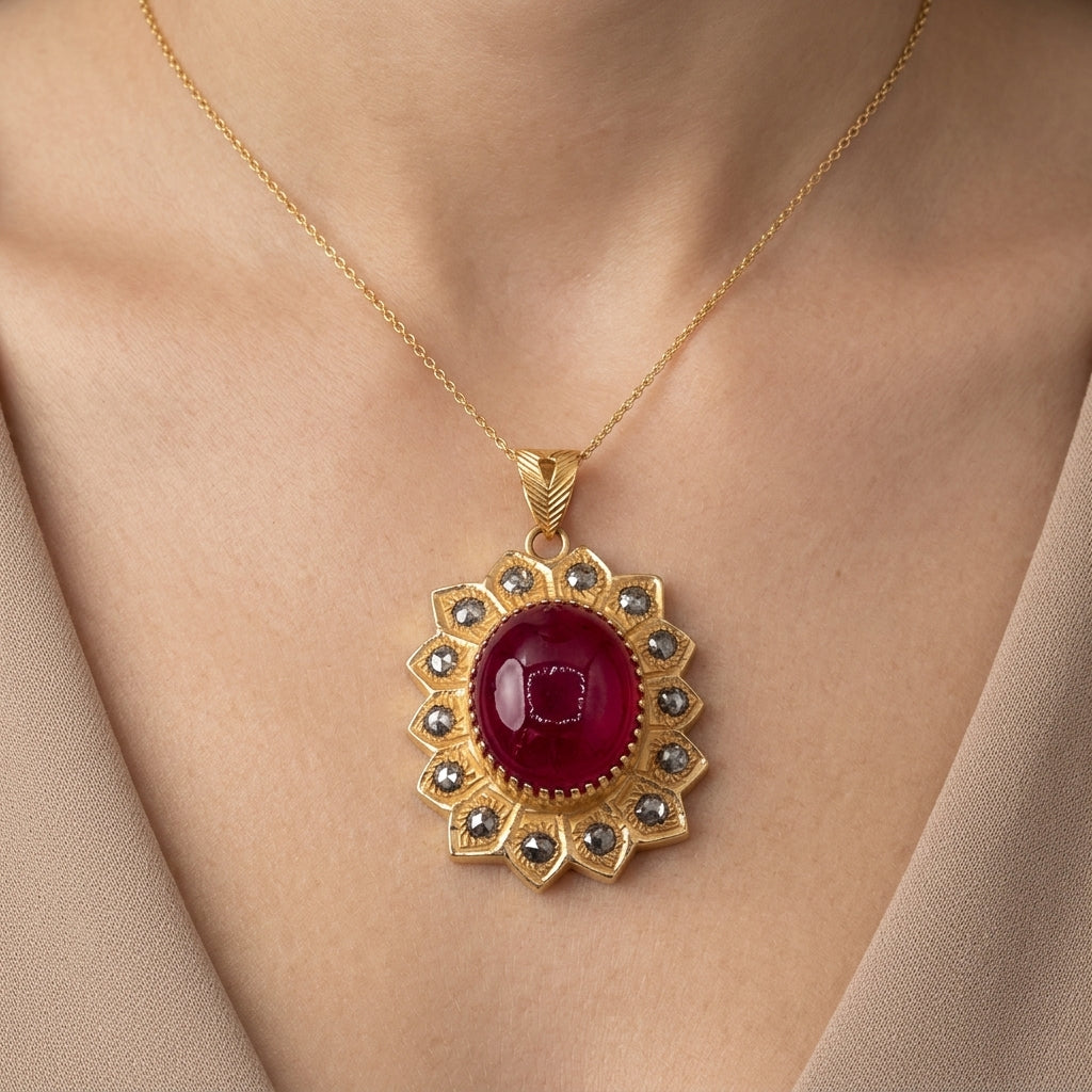 Pendentif rosace beldi en or jaune 18k pierre rouge cabochon, entourage serti - bijou porté par une mannequin