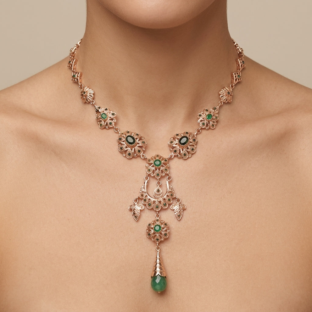 Collier beldi rosaces ajourées en or rose 18k serti de pierres vertes, goutte verte - bijou porté par une mannequin