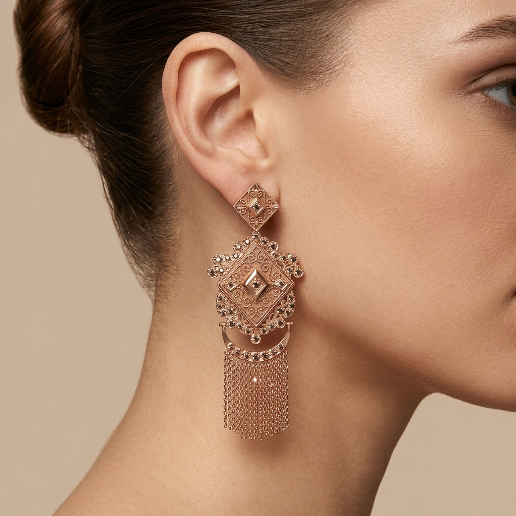 Boucles d'oreilles pendantes beldi losanges en or rose 18k serties, franges - bijou porté par une mannequin