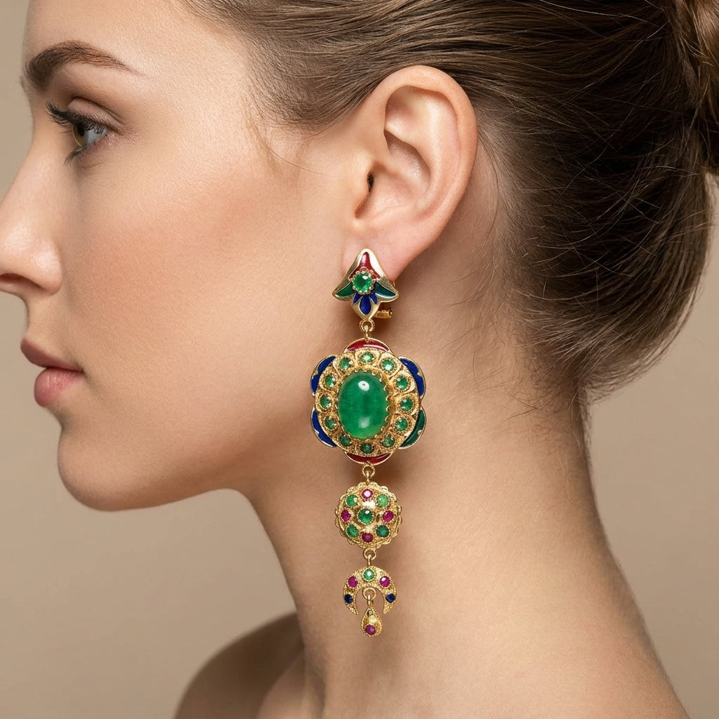 Boucles d'oreilles pendantes beldi en or jaune 18k pierres vertes cabochon, émail multicolore - bijou porté par une mannequin