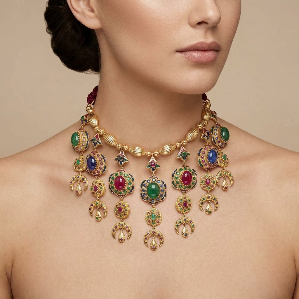 Collier majdoul beldi cordon bordeaux en or jaune 18k pendentifs émaillés sertis de pierres multicolores - bijou porté par une mannequin