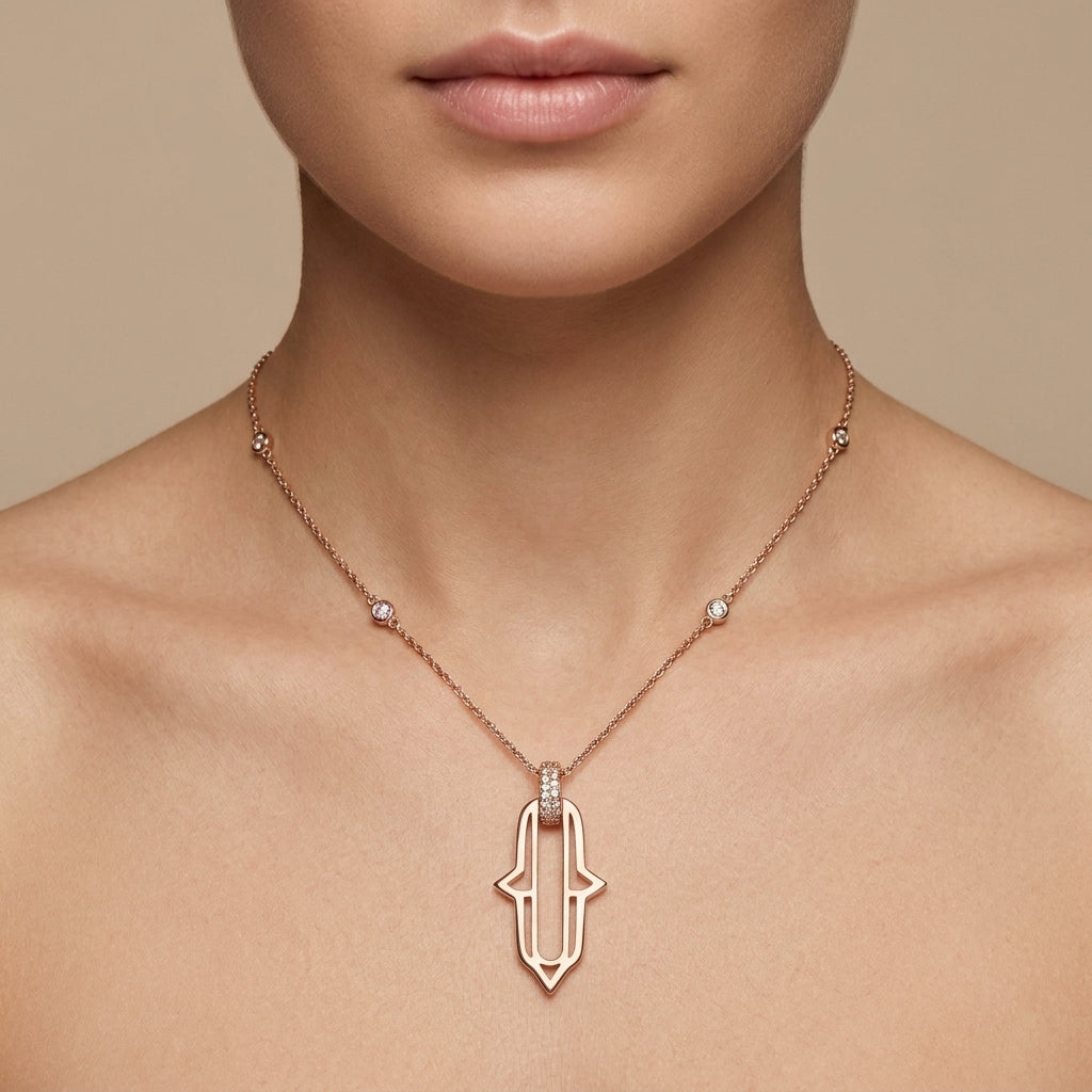 Collier en or rose 18k pendentif symbole amazigh serti de pierres - bijou porté par une mannequin