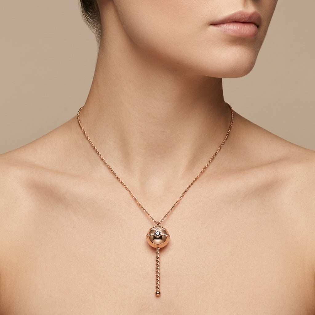 Collier en or rose 18k pendentif boule sertie et tige torsadée - bijou porté par une mannequin