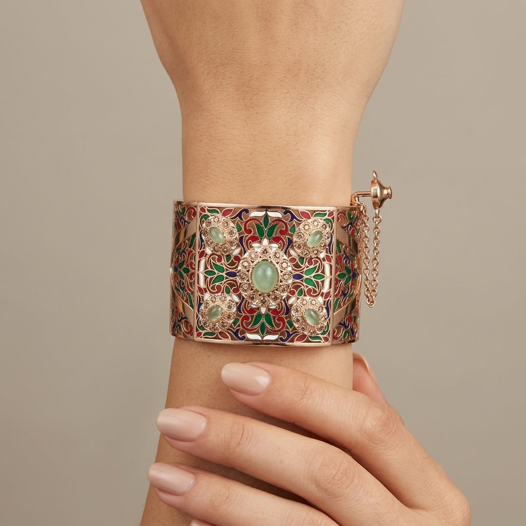Manchette large beldi en or rose 18k émaillée multicolore sertie de pierres, pierre verte - bijou porté par une mannequin