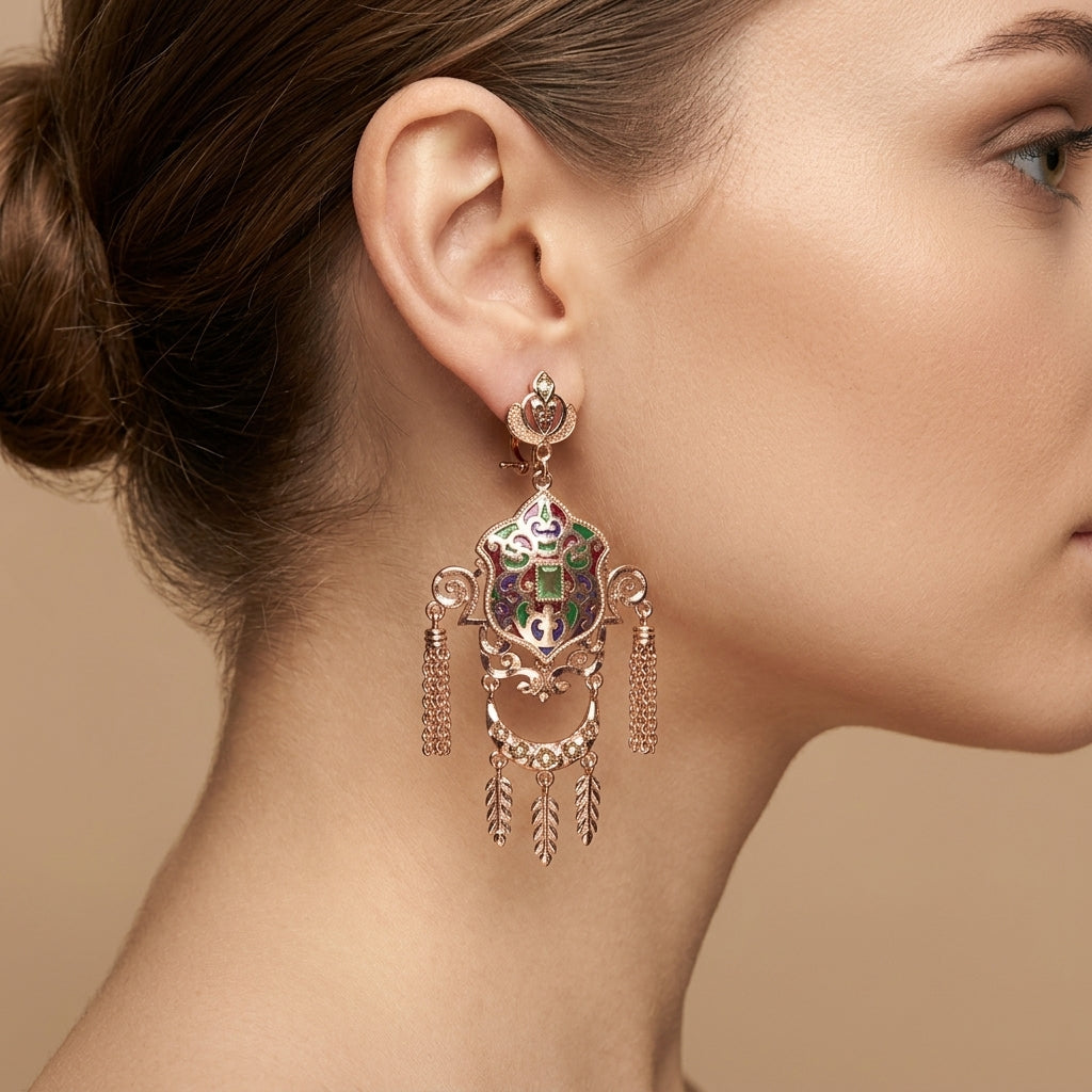 Boucles d'oreilles pendantes beldi ajourées en or rose 18k serties de pierres, franges - bijou porté par une mannequin