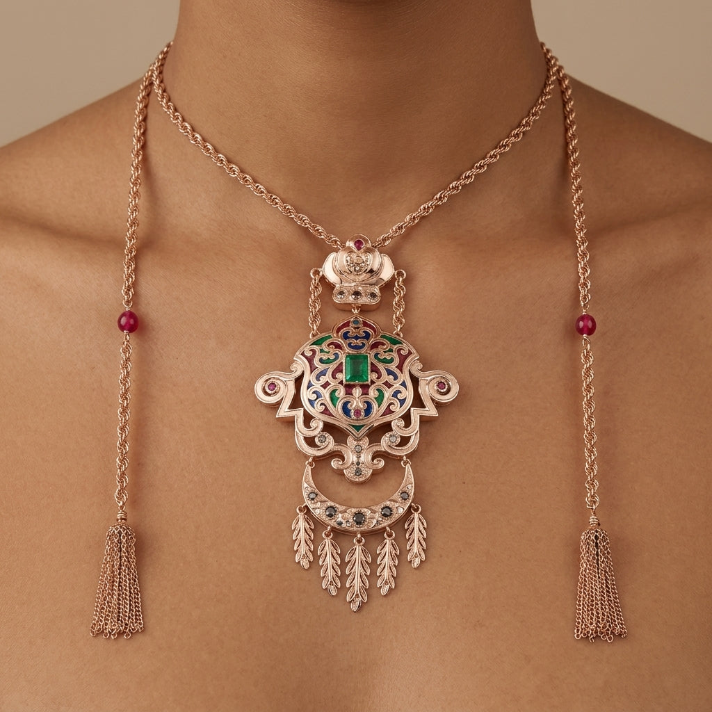 Sautoir beldi en or rose 18k pendentif ajouré serti de pierres rouges et vertes, pompons - bijou porté par une mannequin