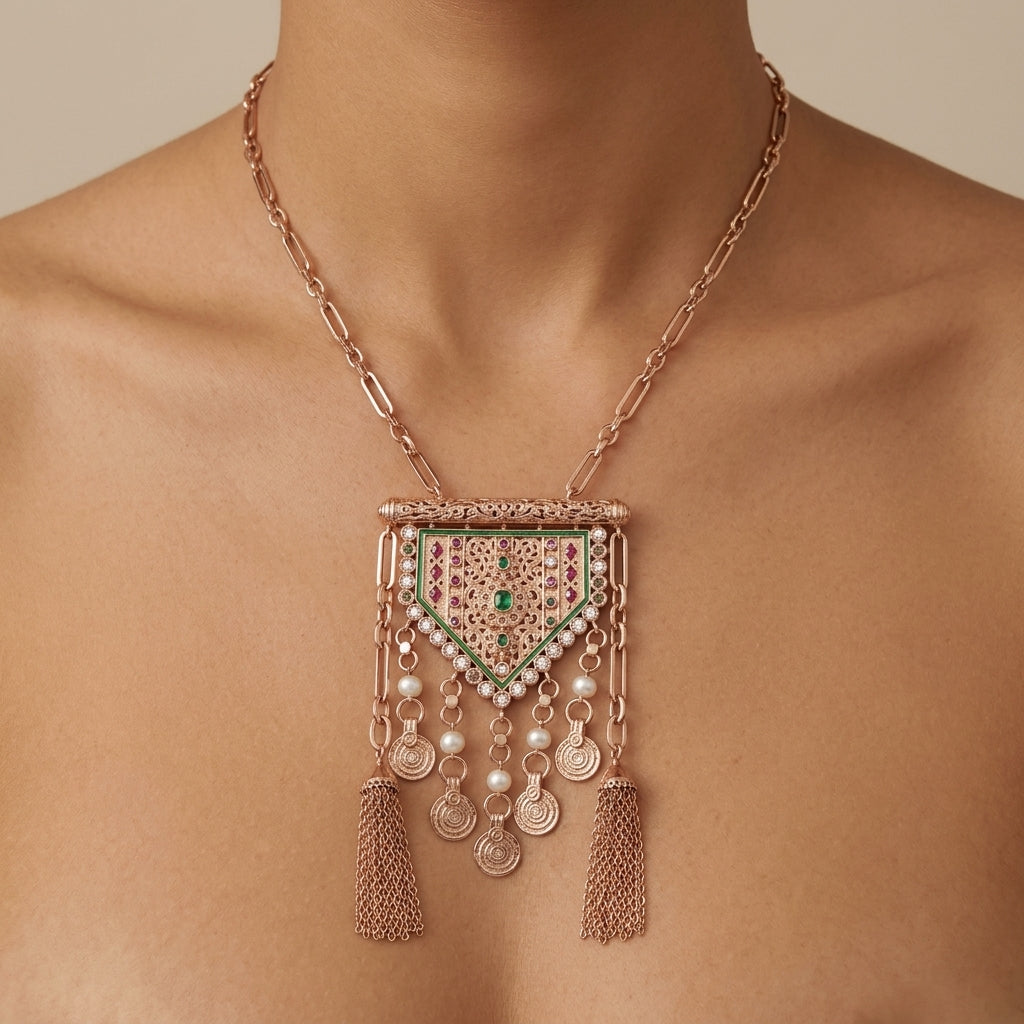 Sautoir beldi en or rose 18k pendentif serti, rosaces et pompons - bijou porté par une mannequin