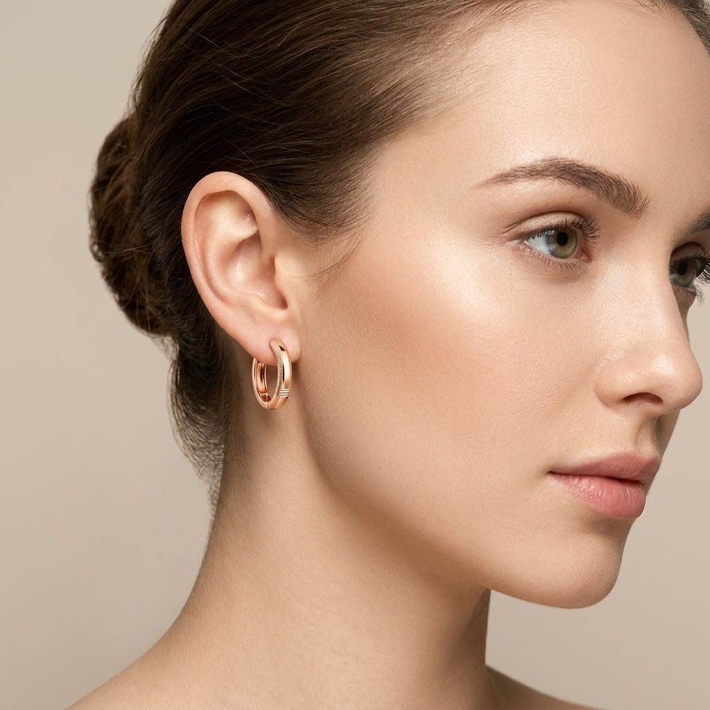 Boucles d'oreilles mini créoles bombées en or rose 18k - bijou porté par une mannequin