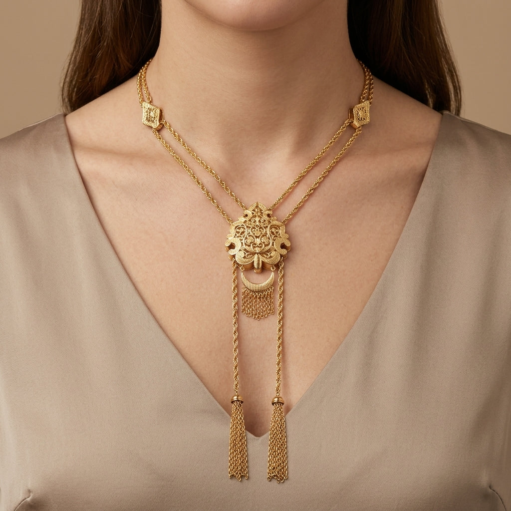 Collier cravate boulhya en or jaune 18k pendentif ajouré, pompons - bijou porté par une mannequin