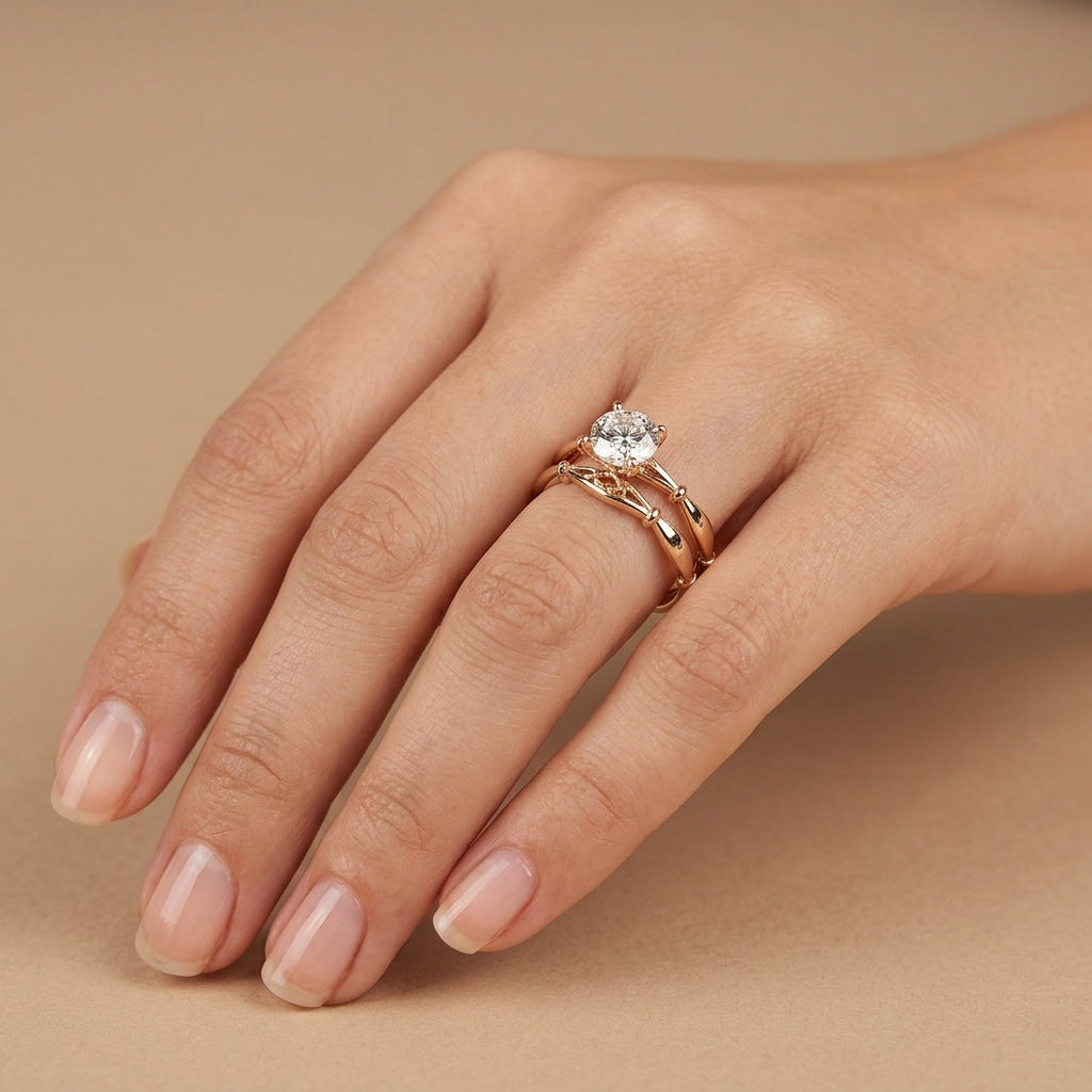 Bague solitaire en or rose 18k double anneau - bijou porté par une mannequin