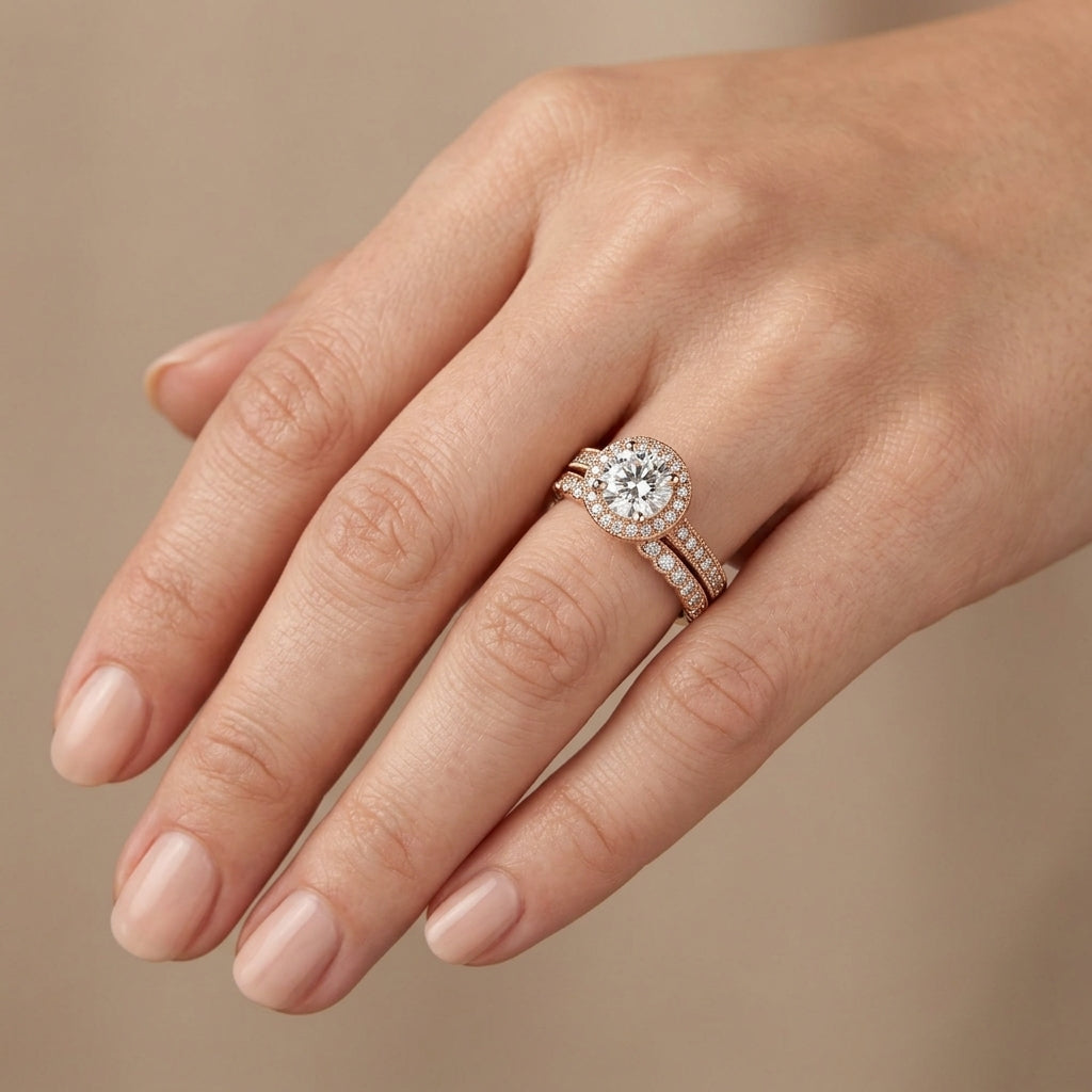 Bague solitaire halo en or rose 18k double anneau serti - bijou porté par une mannequin