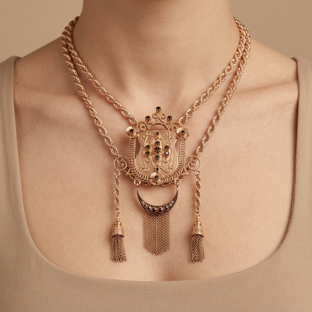 Sautoir boulhya double corde en or rose 18k pendentif serti, pompons - bijou porté par une mannequin