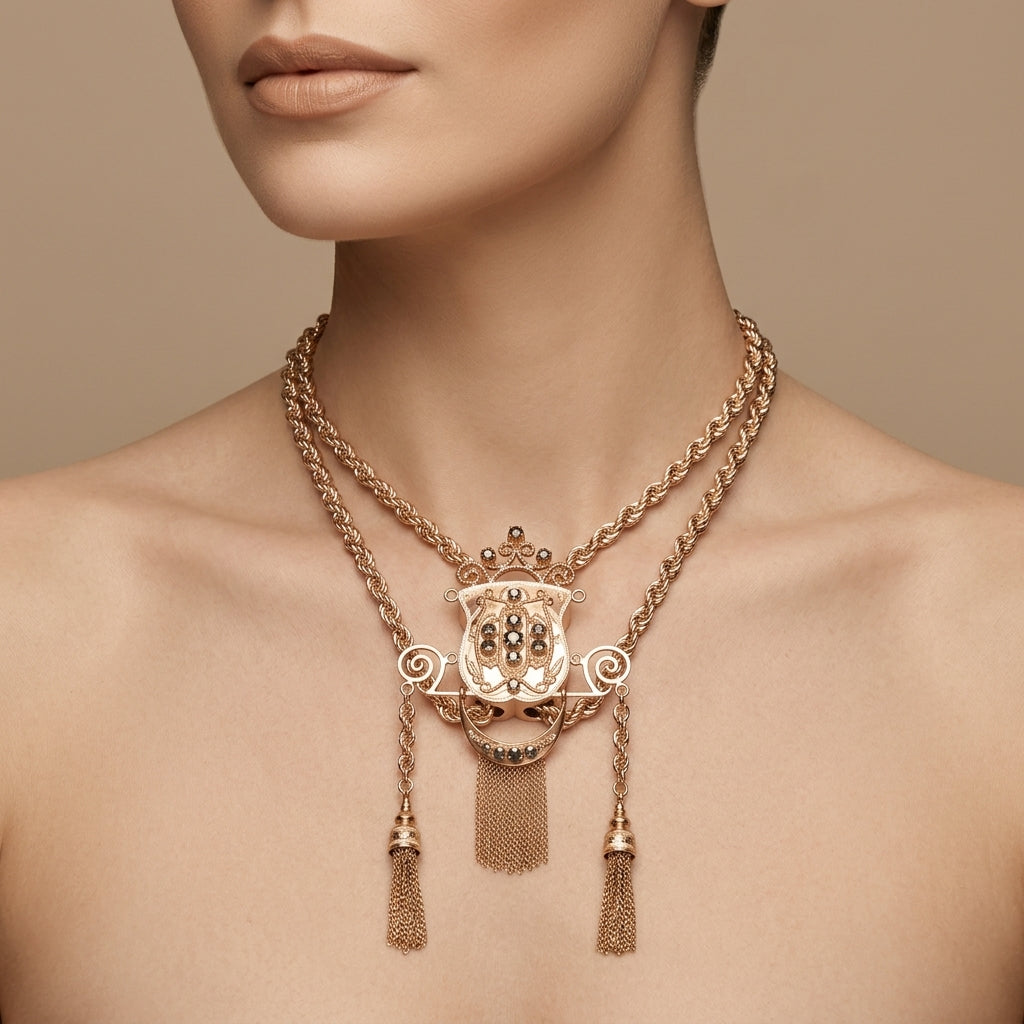Sautoir boulhya double corde en or rose 18k pendentif serti, pompons - bijou porté par une mannequin