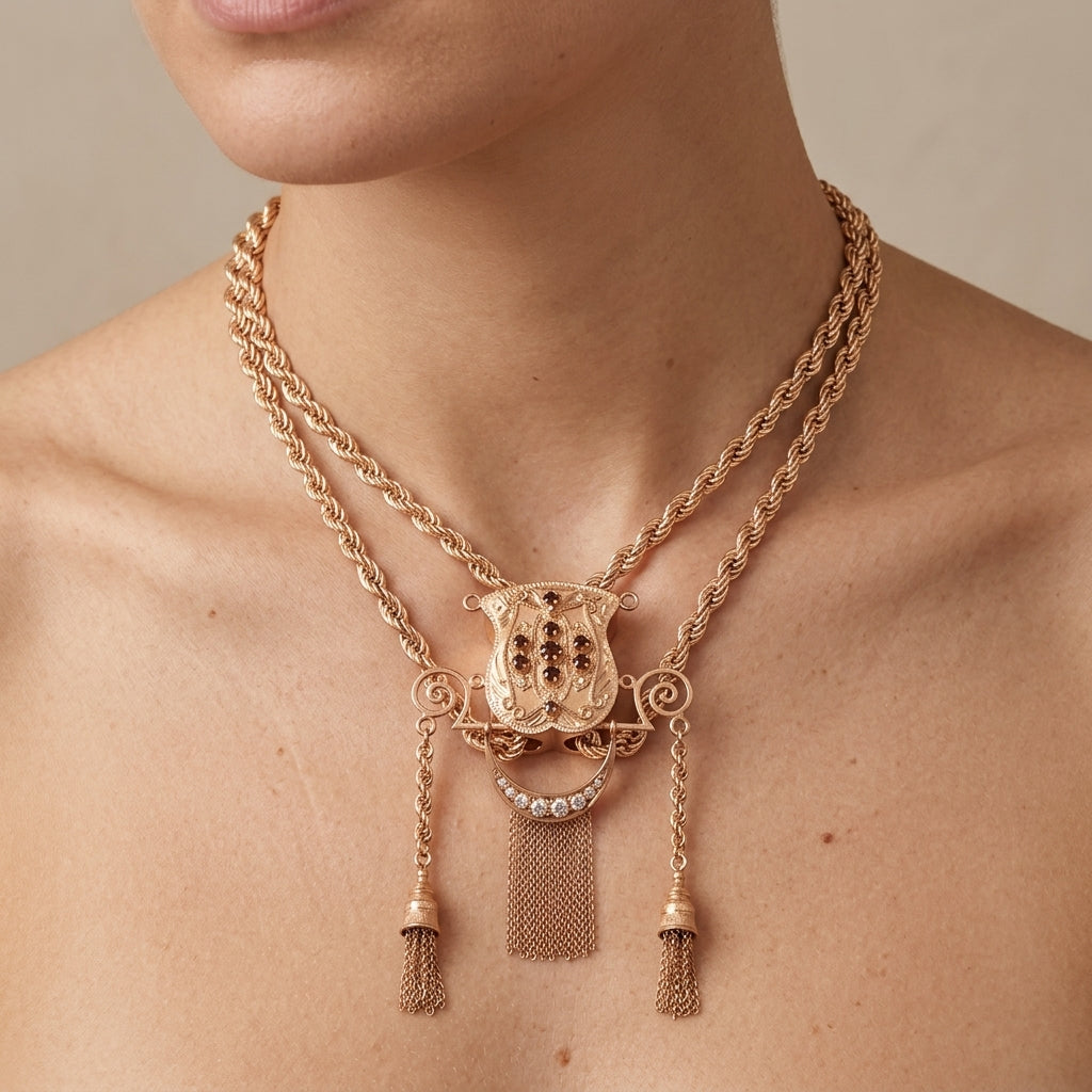 Sautoir boulhya double corde en or rose 18k pendentif serti, pompons - bijou porté par une mannequin