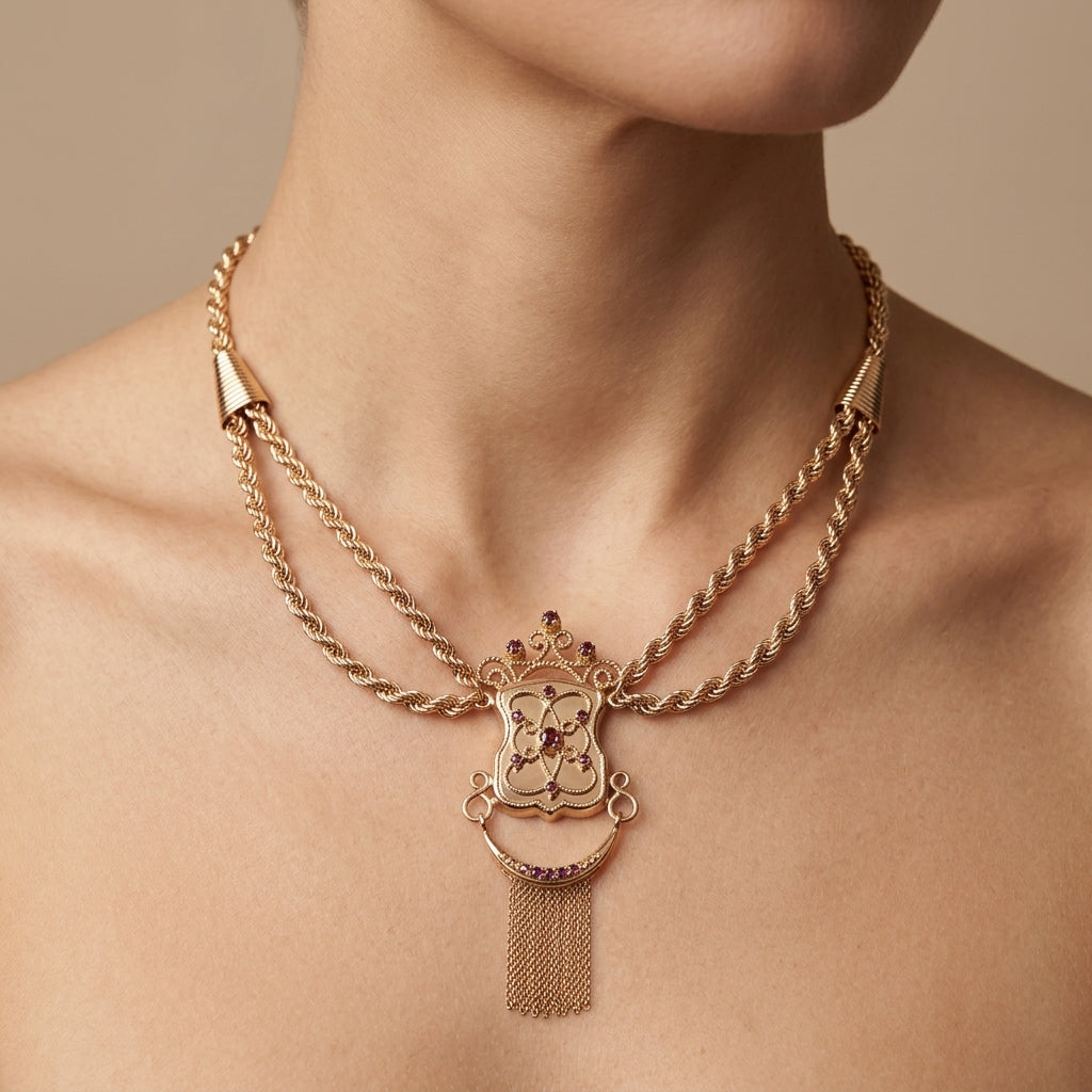 Collier boulhya en or rose 18k pendentif serti à franges - bijou porté par une mannequin
