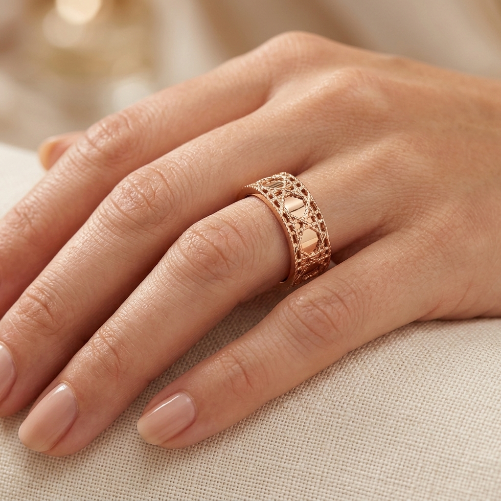 Bague Anneau Large Ajourée Or Rose - Sertie de Pierres — présenté sur mannequin