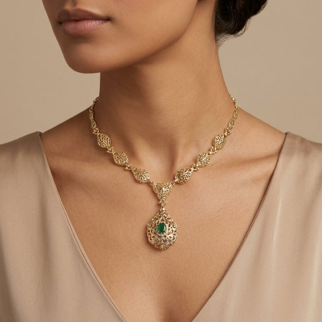 Collier beldi ajouré en or jaune 18k pendentif goutte sertie d'une pierre verte - bijou porté par une mannequin