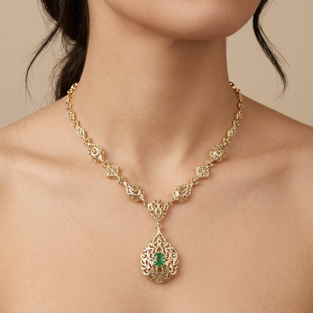 Collier beldi ajouré en or jaune 18k pendentif goutte sertie d'une pierre verte - bijou porté par une mannequin