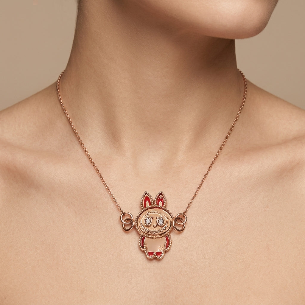 Pendentif lapin en or rose 18k serti, émail rouge - bijou porté par une mannequin
