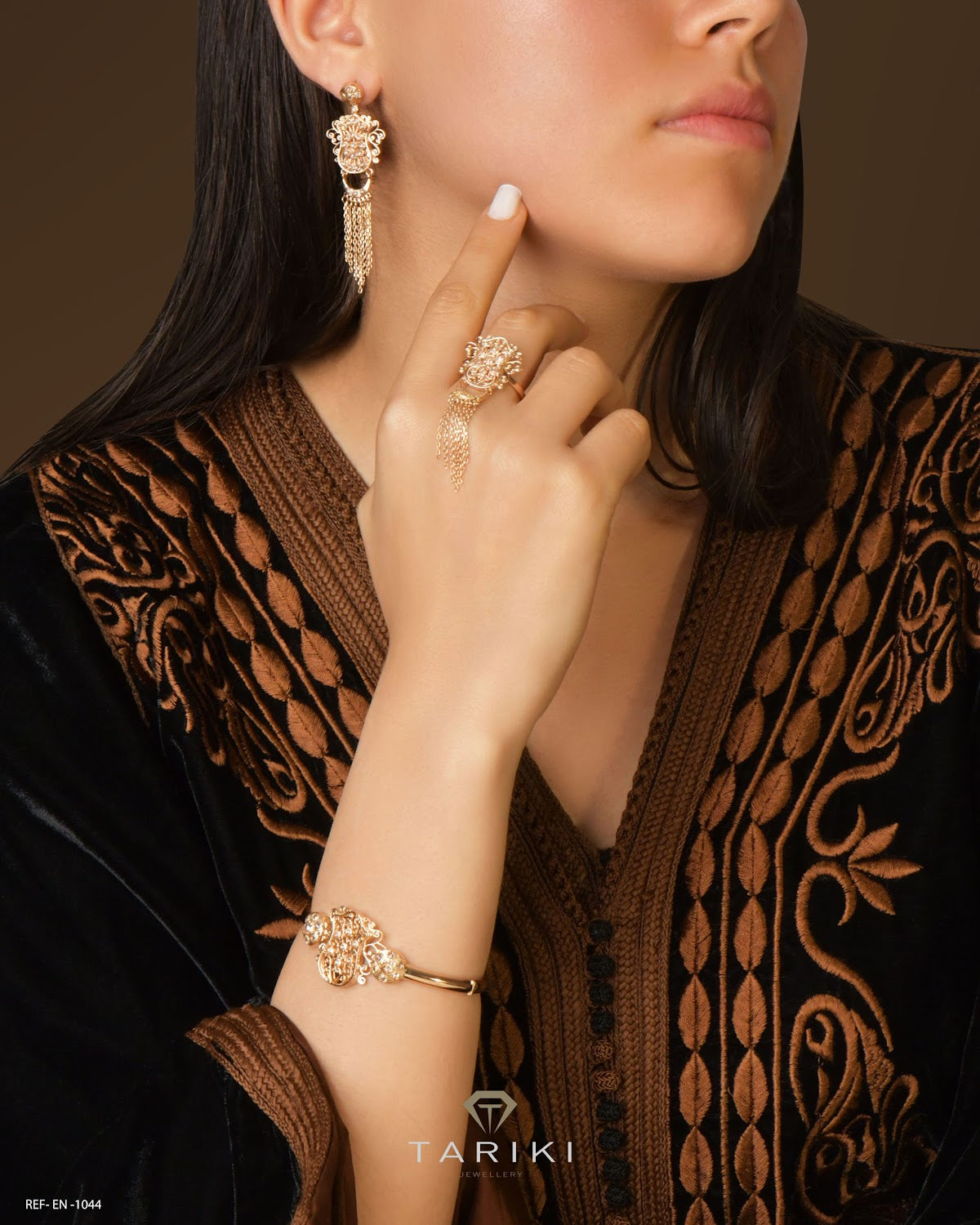 Ensemble Or Jaune - Boucles d'Oreilles Tête de Lion Pendantes, Bague & Gourmette
