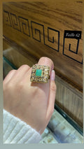 Bague Or Bicolore - Carré Émeraude Cabochon Halo Pavé