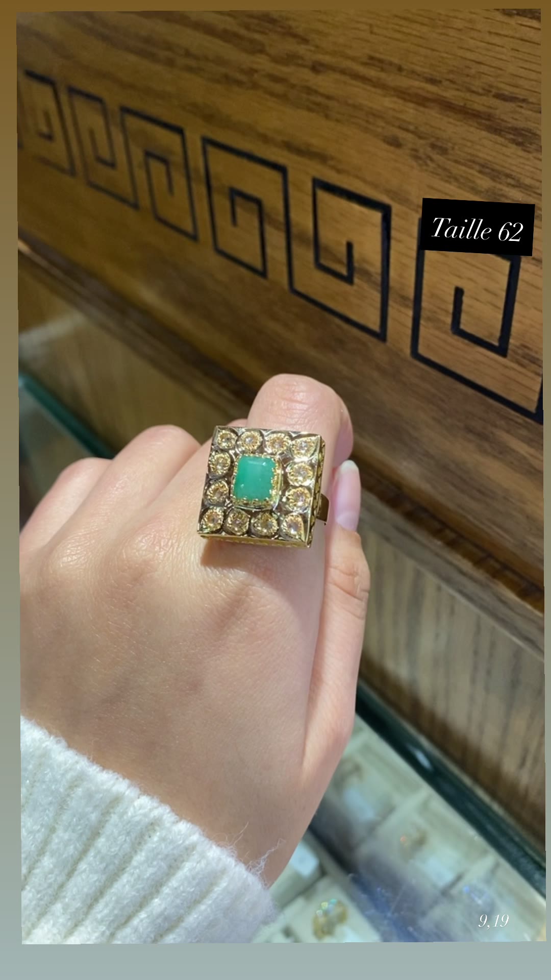 Two-Tone Gold Ring - Square Emerald Cabochon with Pavé Halo