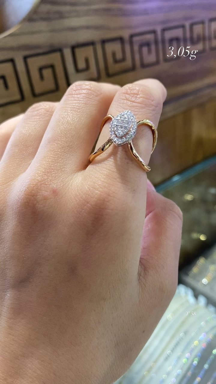 Two-Tone Gold Ring - Marquise Pavé Zircons & Crossover Band
