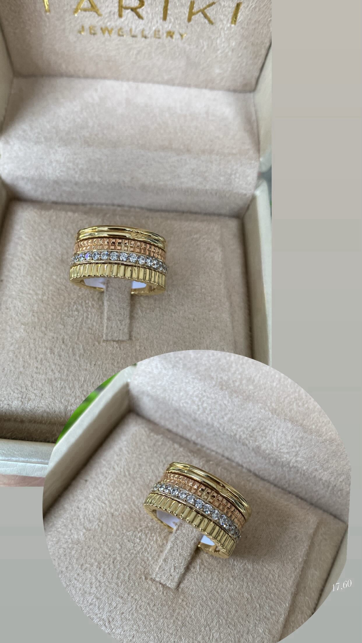Tri-Tone Gold Ring – Wide Fluted Band & Pavé Zircons