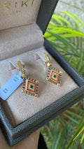 Boucles d'Oreilles Or - Carré Marocain Émail Rouge, Vert & Bleu Pavé Zircons