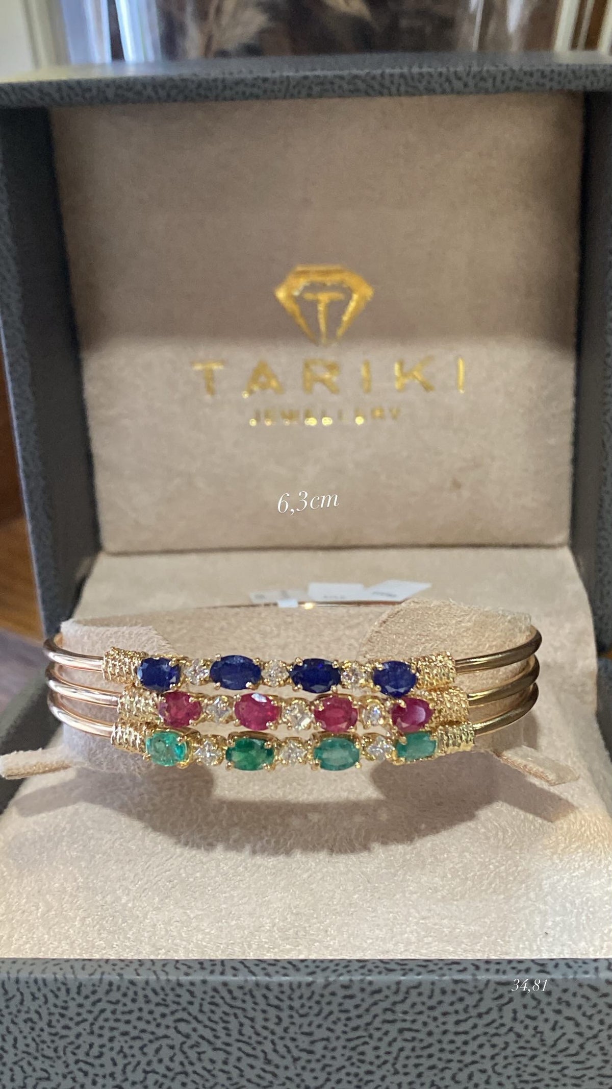 Gold Cuff Bangle - Triple Row Sapphires, Rubies & Emeralds with Pave Zircons