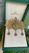 Broche Or Antique - Éventail Filigrane Ajouré & Cabochons Jade, Pampilles