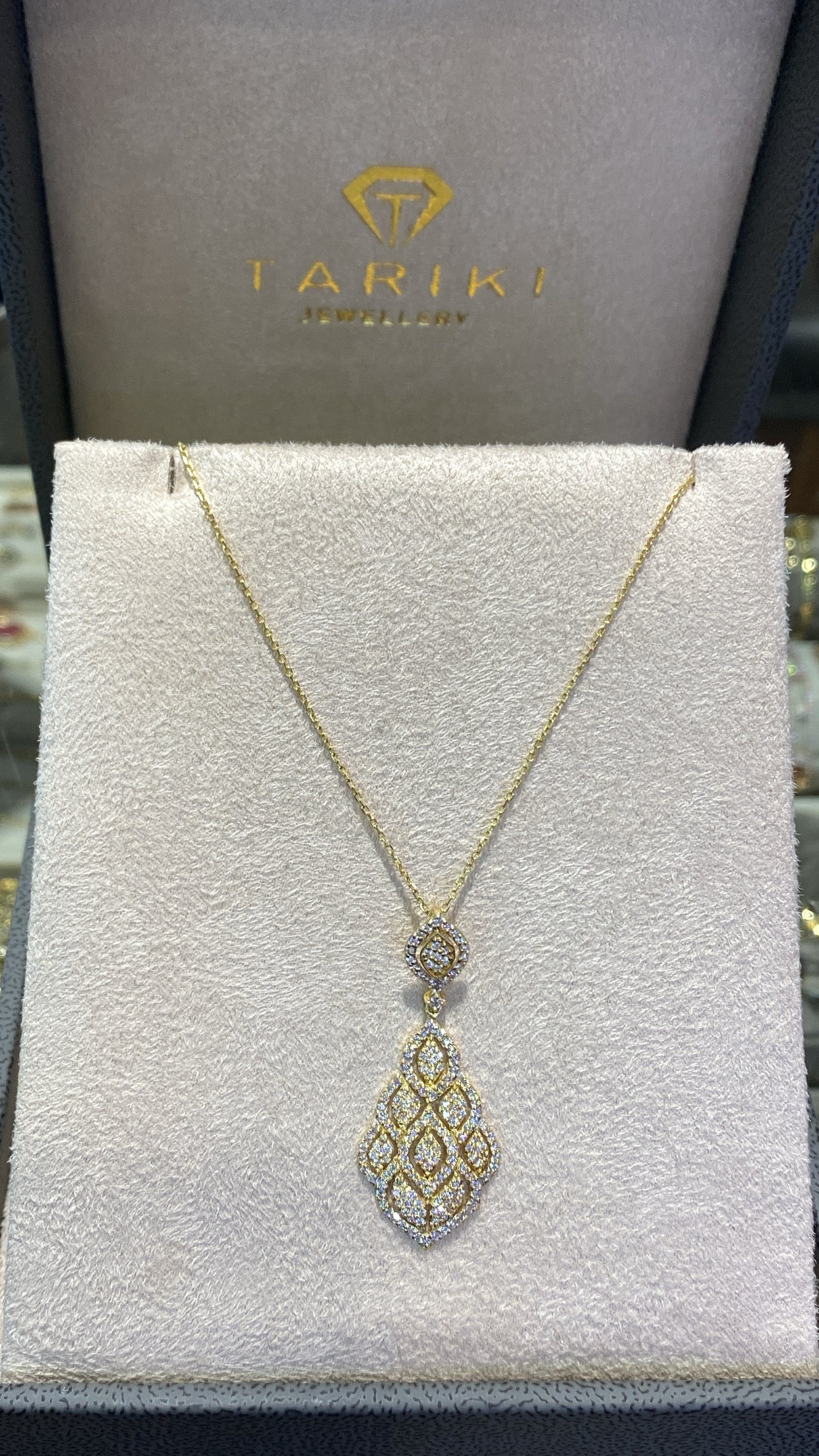 Gold Necklace - Lattice Diamond-Shaped Pave Zircon Pendant