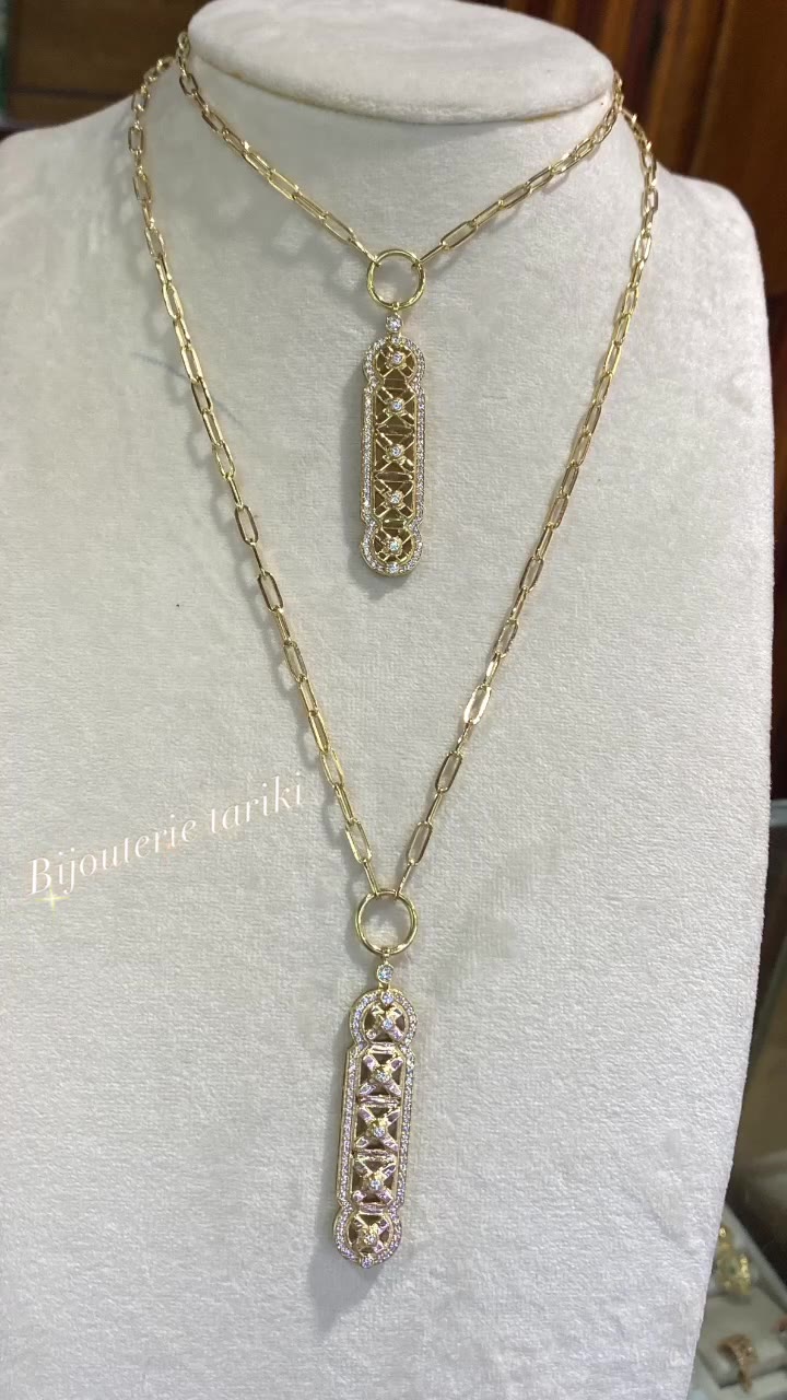 Collier Or - Double Rang Pendentifs Rectangulaires Filigrane Pavé