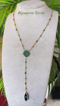 Collier Or - Chaîne Perles Multicolores, Médaillon Calligraphie Arabe Vert & Pendentif Œil