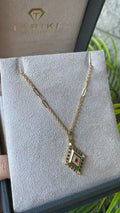 Gold Necklace - Moroccan Diamond-Shaped Pendant, Red & Green Enamel Pave Zircons