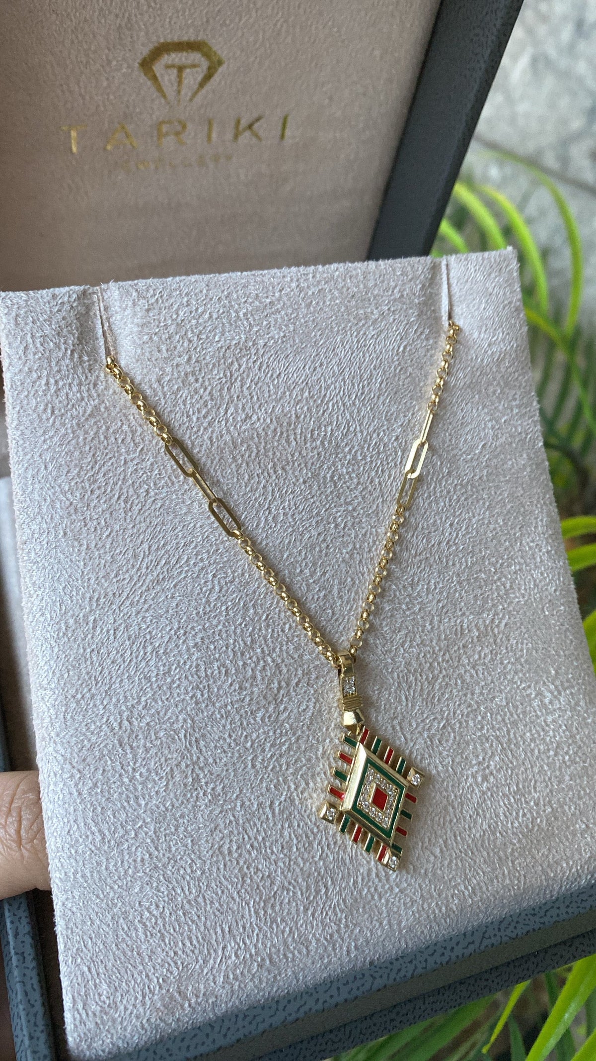 Collier Or - Pendentif Losange Marocain Émail Rouge & Vert Pavé Zircons