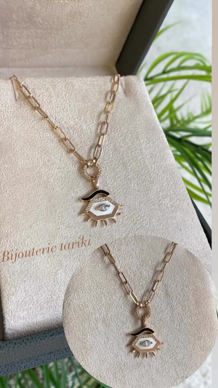 Collier Or - Pendentif Œil Hexagonal Nacre & Émail Noir Pavé Zircons