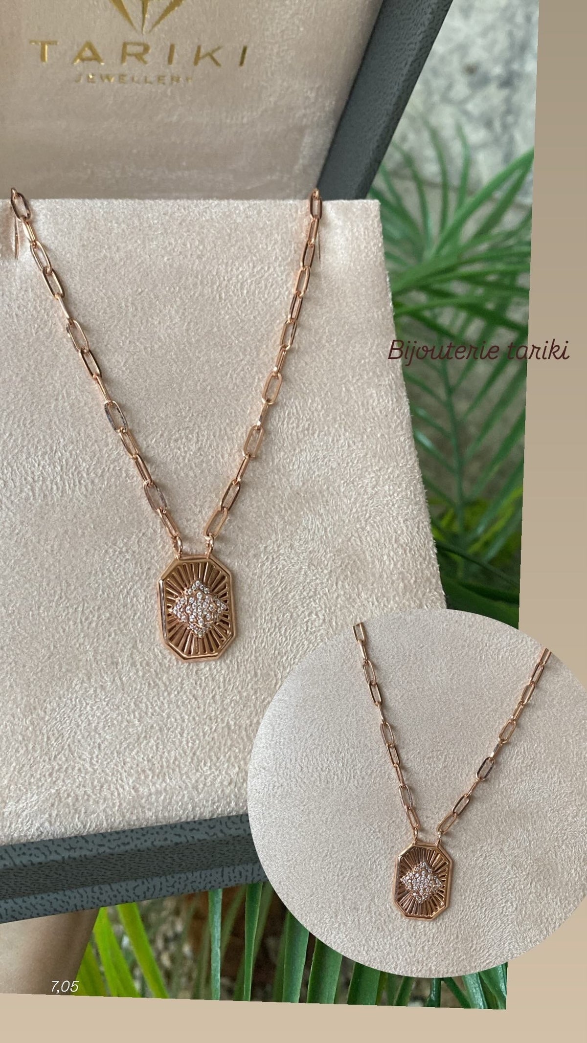 Collier Or Rose - Chaîne Maillons Fins & Pendentif Octogonal Pavé Zircons